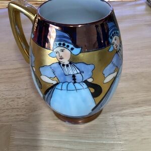 Vintage Ceramic Pitcher with Blue and Gold Design